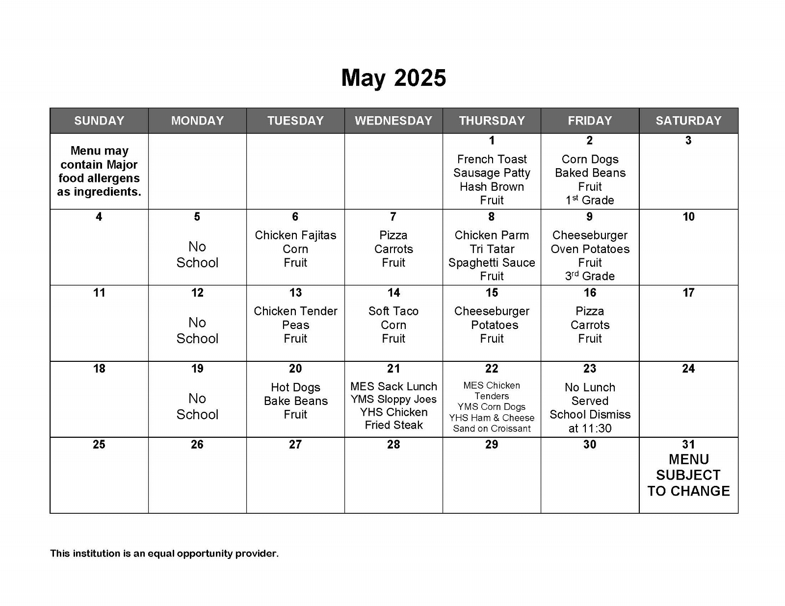 May Lunch Menu